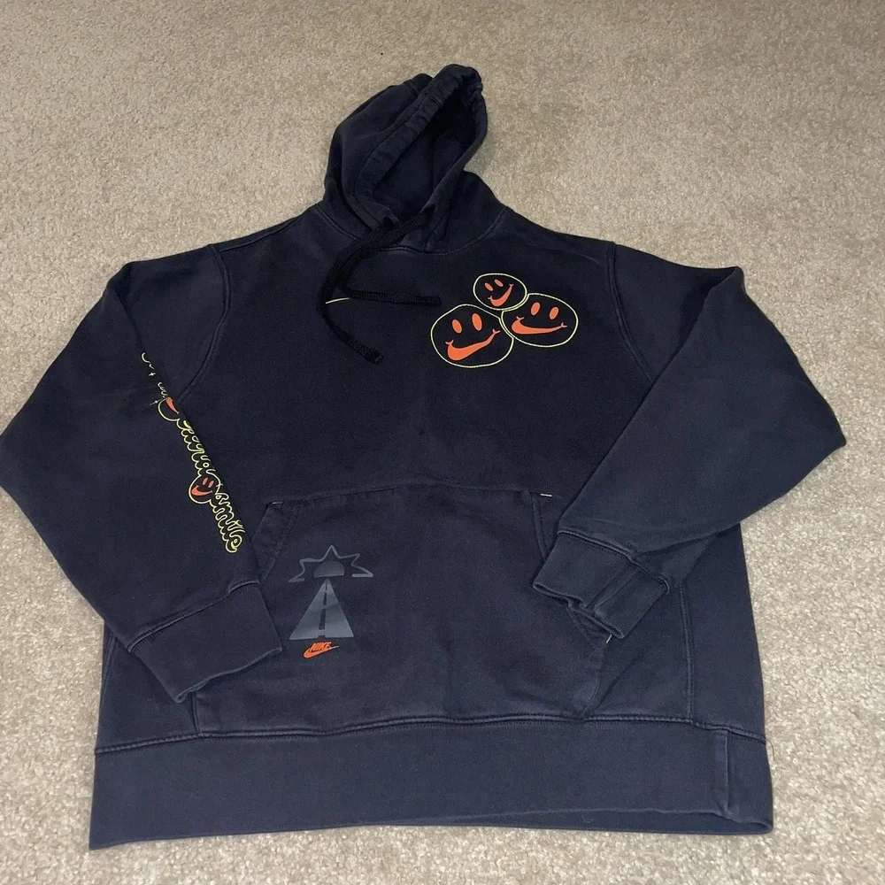 Nike Go The Extra Smile Hoodie Black Orange Smiley Face Graphic Mens Medium